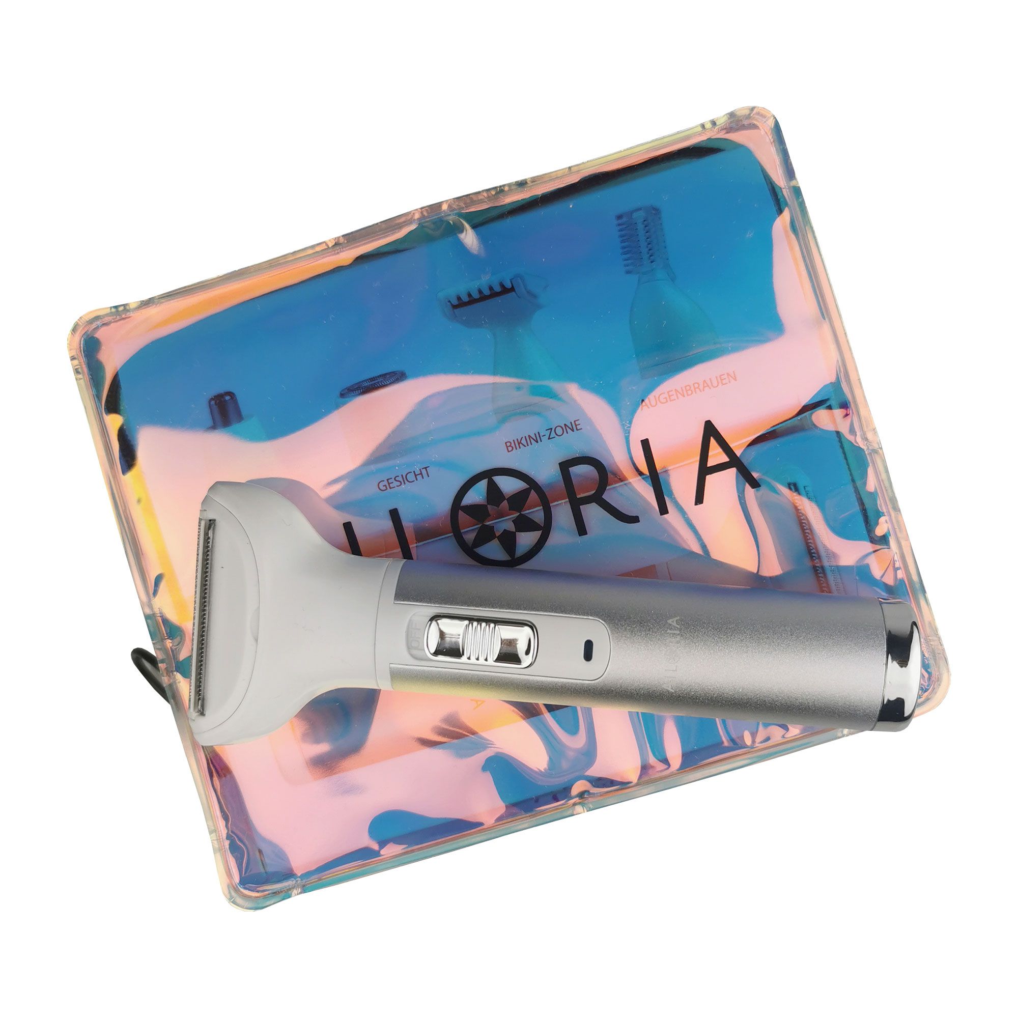 Rasierer in transparenter Tasche. AILORIA-Logo. Skin Zone-Schriftzug. Silberner Rasierer.