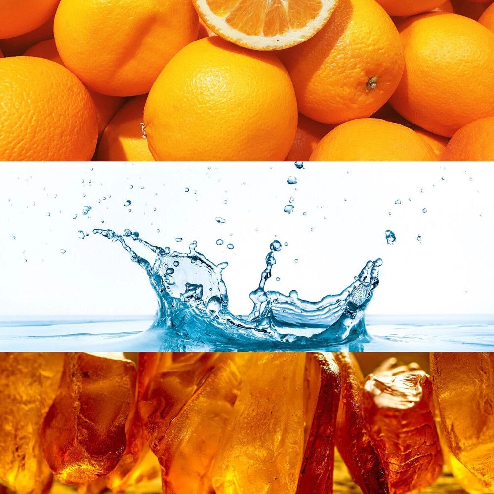 Drei horizontale Streifen: Orangen, Wasserspritzer, bernsteinfarbene Flüssigkeit. Keine Produktinformationen.