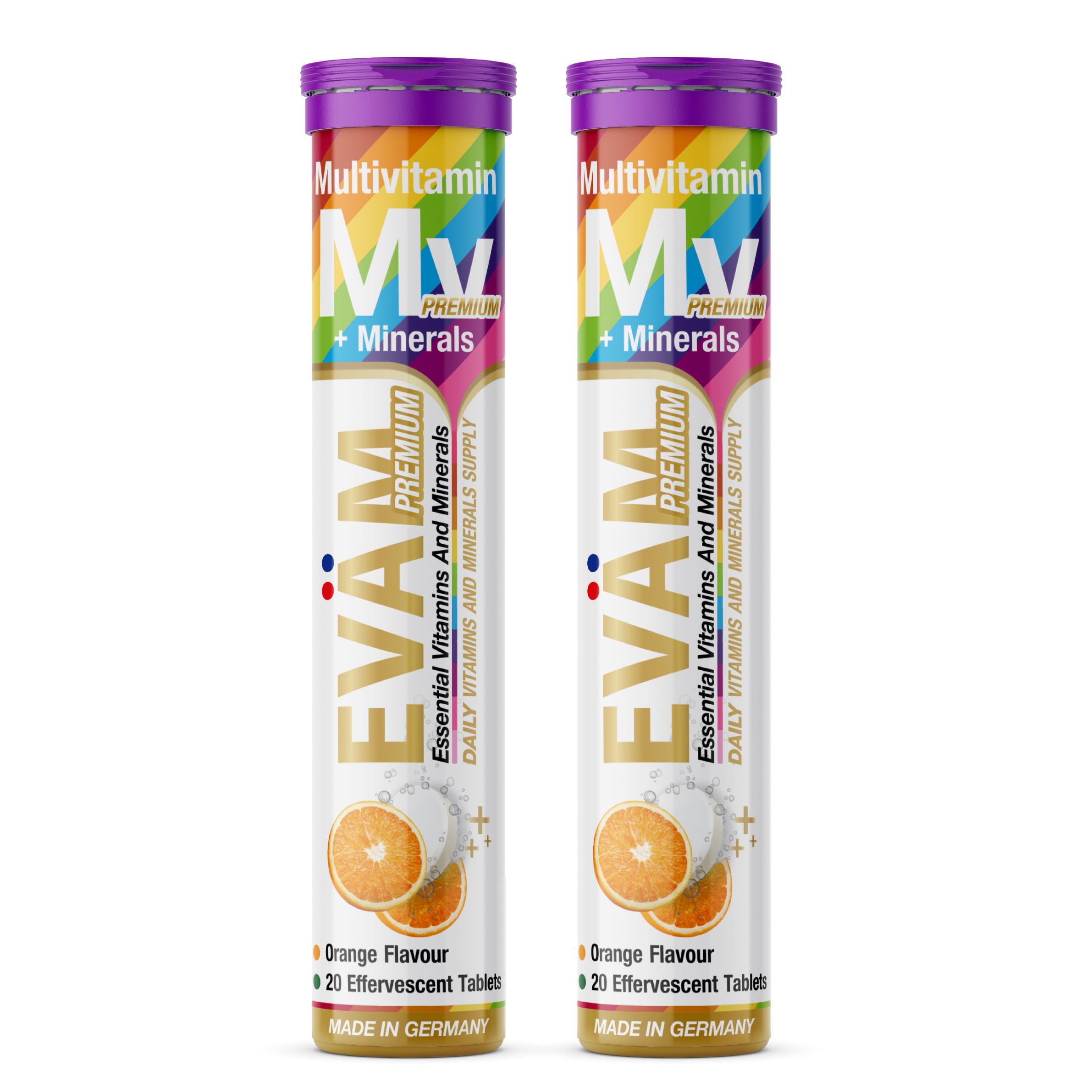 Zwei Tuben EVÄM Multivitamin + Mineralien Brausetabletten. Jede Tube enthält 20 Tabletten. Orangen-Geschmack.