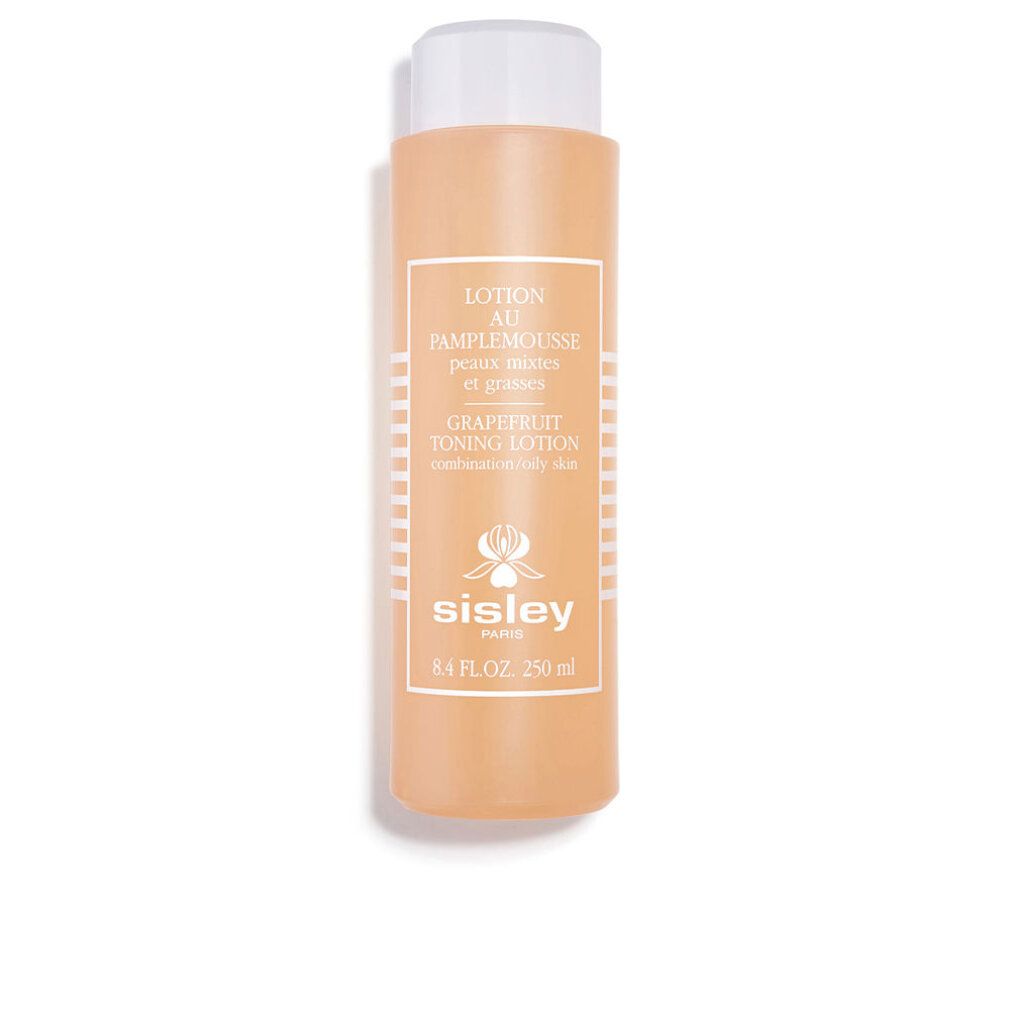 Flasche mit weißem Deckel. Aufschrift: Lotion au Pamplemousse, Sisley Paris. 250 ml.