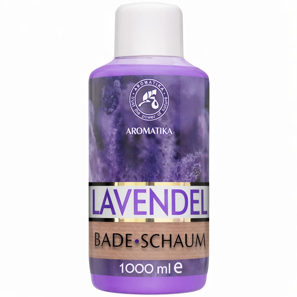 Violette Flasche mit weißem Deckel. Aufschrift: AROMATIKA, LAVENDEL BADE-SCHAUM, 1000 ml e.