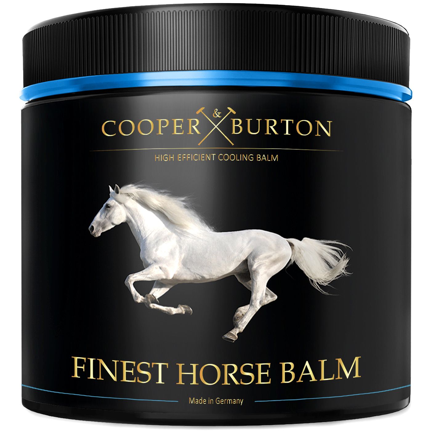 Schwarzer Tiegel mit blauem Deckelring. Aufschrift: COOPER & BURTON, Finest Horse Balm. Abgebildet: galoppierendes Pferd.