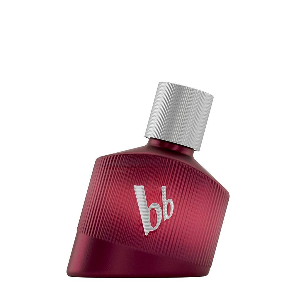 Rotes Parfümflakon mit weißem Deckel und "bb" Logo. Flakon mit geriffelter Oberfläche.