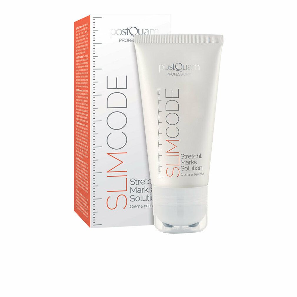 Weiße Tube und Schachtel mit roter Aufschrift SLIMCODE und Stretch Marks Solution. Marke Postquam.