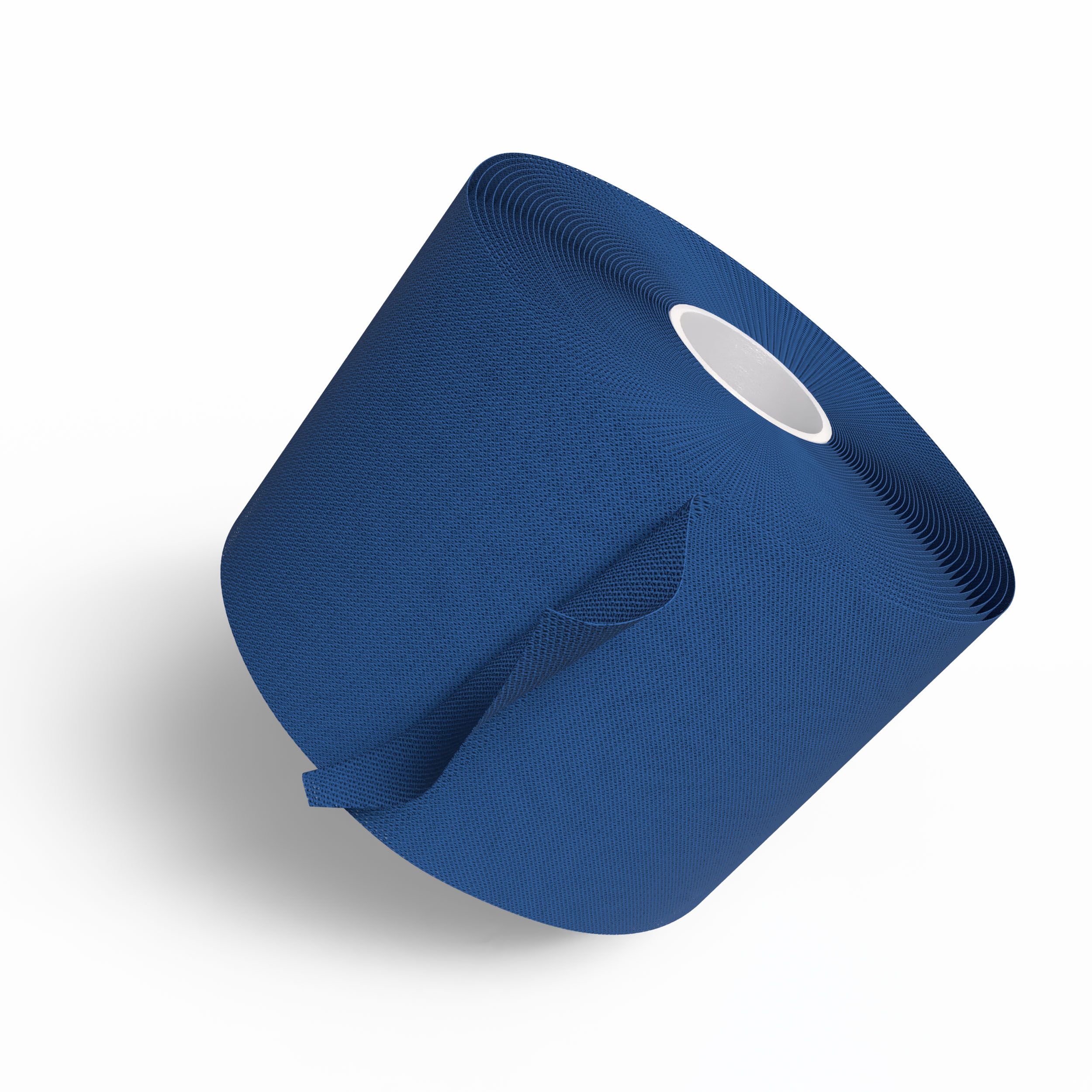 Blaues, kohäsives Fixierbinde-Rolle. 6cm breit. Weißer Kern. Auf weißem Hintergrund.