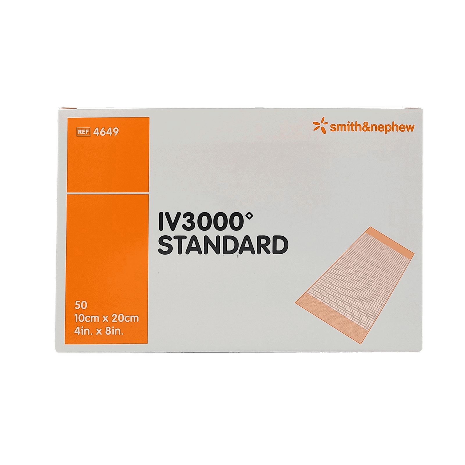 Verpackung mit Produkt. Orangefarbener Block mit Text. Aufschrift: IV3000 STANDARD. Marke Smith & Nephew. 10cm x 20cm. 50 Stück.