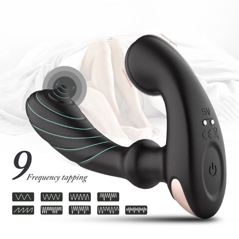 Schwarzes Wellness-Produkt mit 9 Frequenz-Optionen. Mit Ein-/Ausschalter und goldfarbenem Akzent.