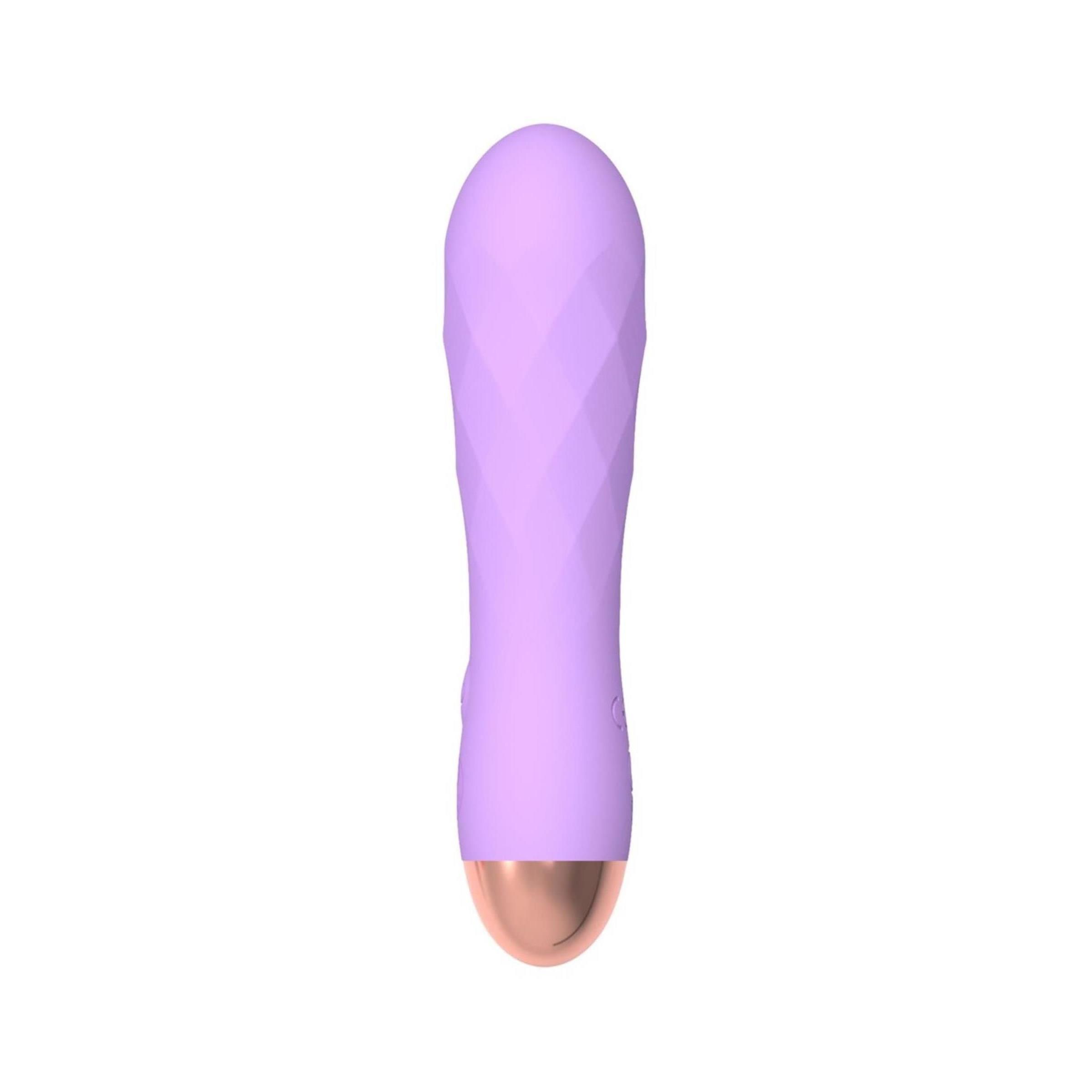 Lila Vibrator mit Diamantmuster. Goldfarbene Spitze. Power- und Intensitätsanzeige.