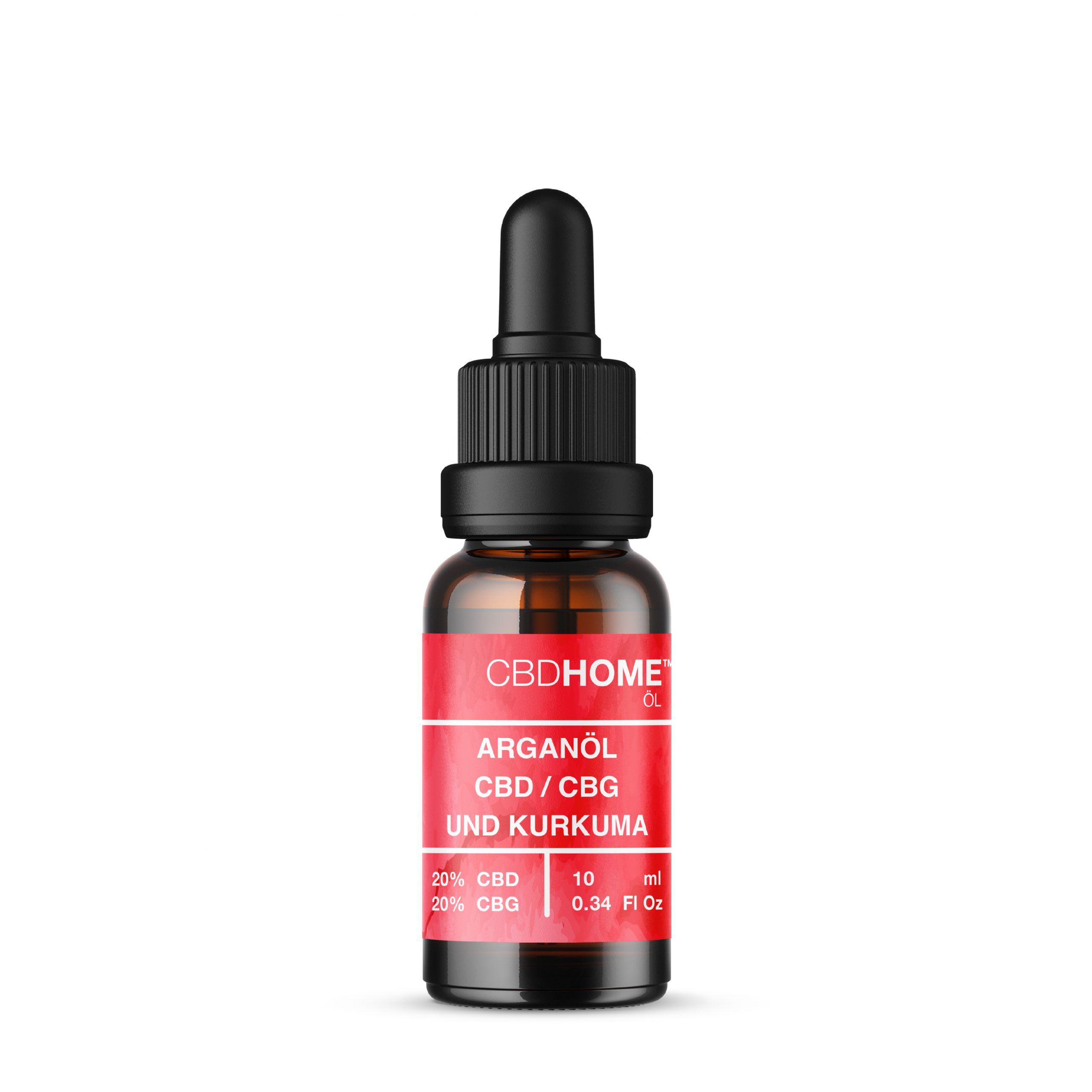 CBDHOME Ölflasche mit Pipette. Das Etikett zeigt Arganöl, CBD/CBG und Kurkuma, 20% CBD, 20% CBG, 10 ml.
