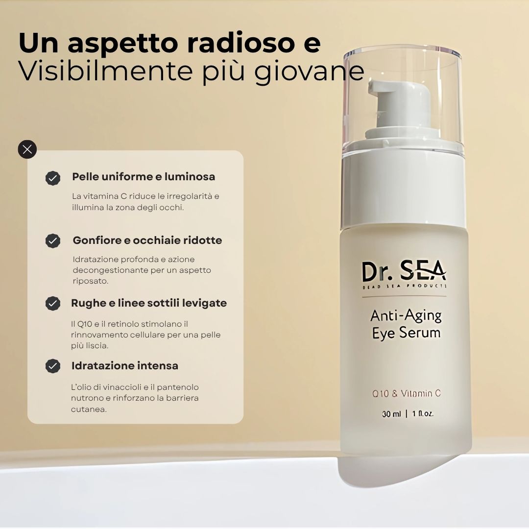 Siero occhi con flacone. Scritta: Dr. Sea, Anti-Aging Eye Serum, Q10 & Vitamin C. Testo sui benefici.