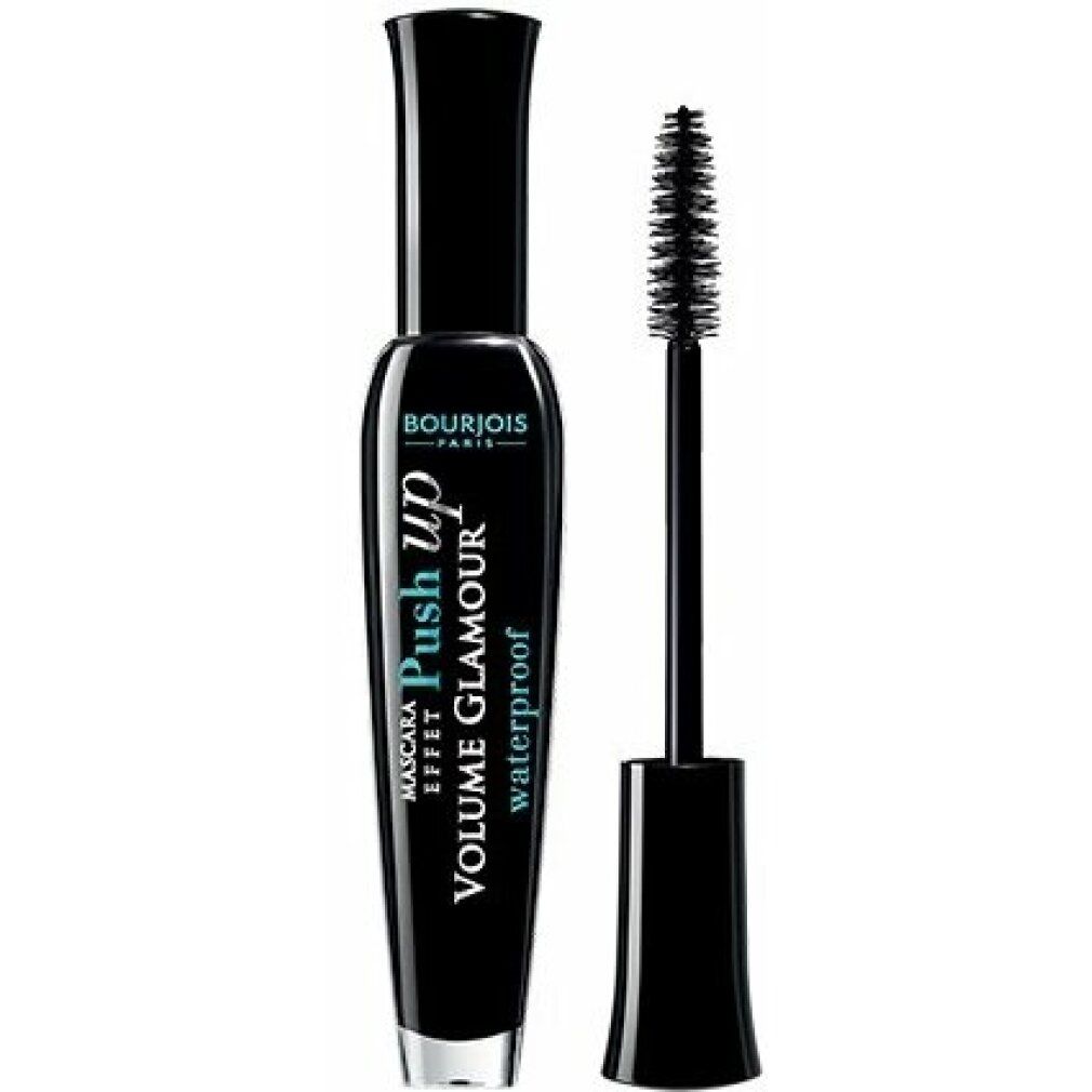 Mascara-Tube mit Bürste. Aufschrift: "Bourjois Push up Volume Glamour Waterproof".