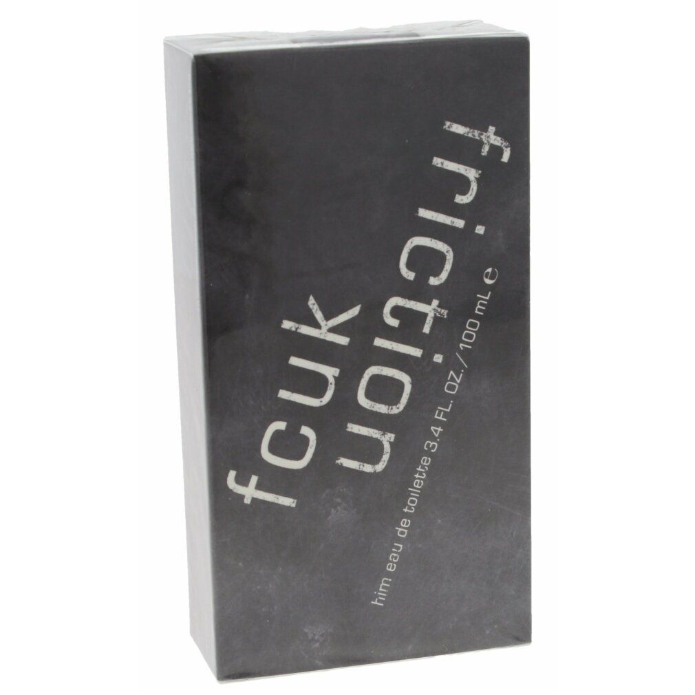 Schwarzer Karton mit weißem "fcuk friction"-Schriftzug. "him eau de toilette" und "3.4 FL. OZ. / 100 mL" sind ebenfalls sichtbar.