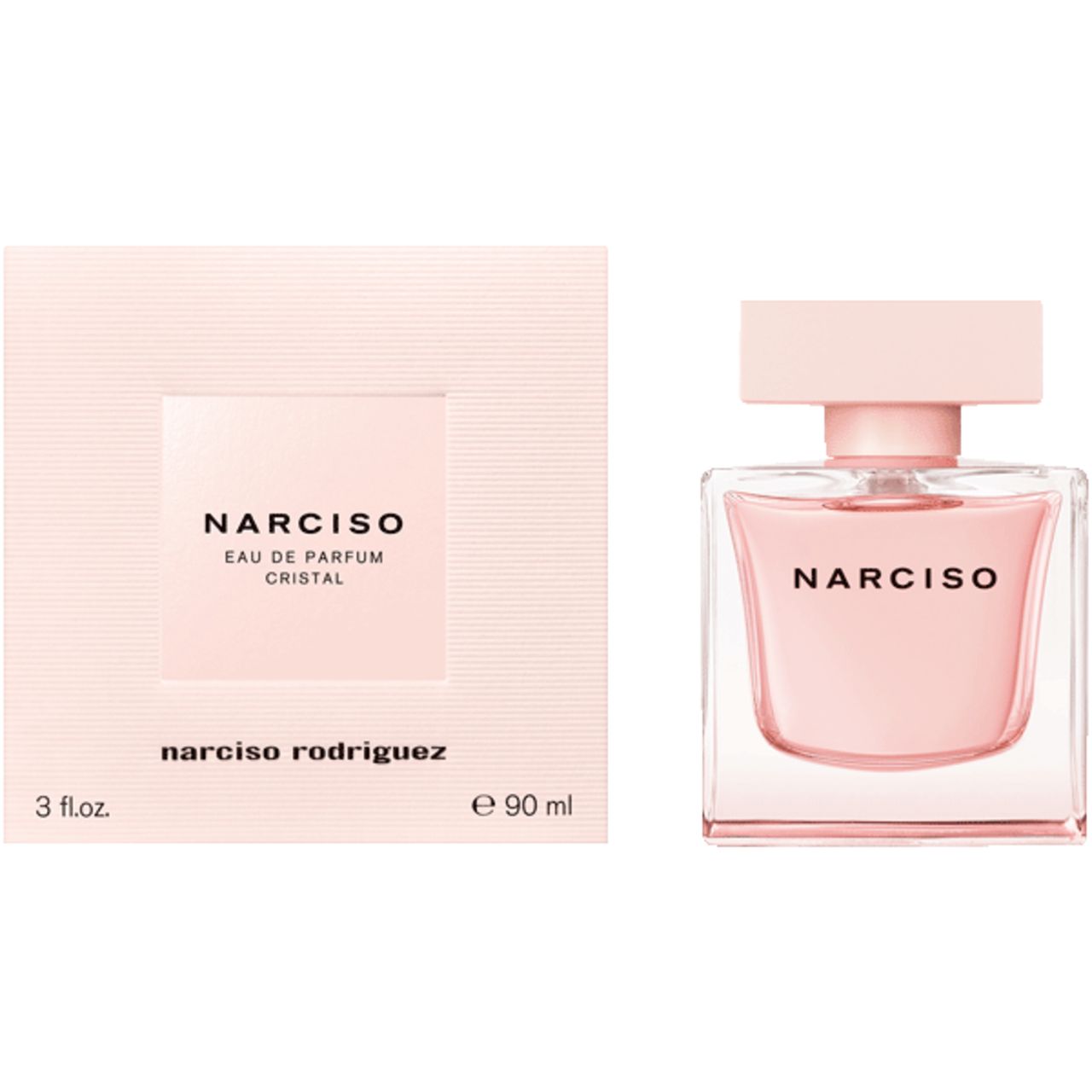 Rosa Parfümflasche und Verpackung. Aufschrift: Narciso, Cristal. Marke: Narciso Rodriguez. Volumen: 90 ml.