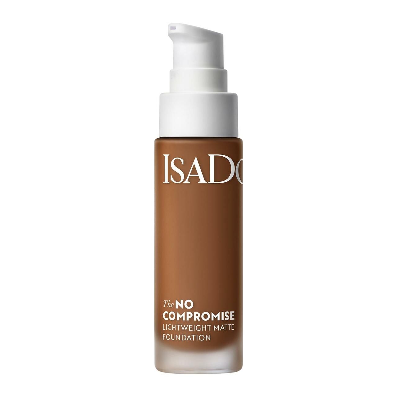 Foundation-Flakon mit weißem Pumpkopf. Aufschrift: ISADORA, The NO COMPROMISE, Lightweight Matte Foundation. Braune Flüssigkeit sichtbar.