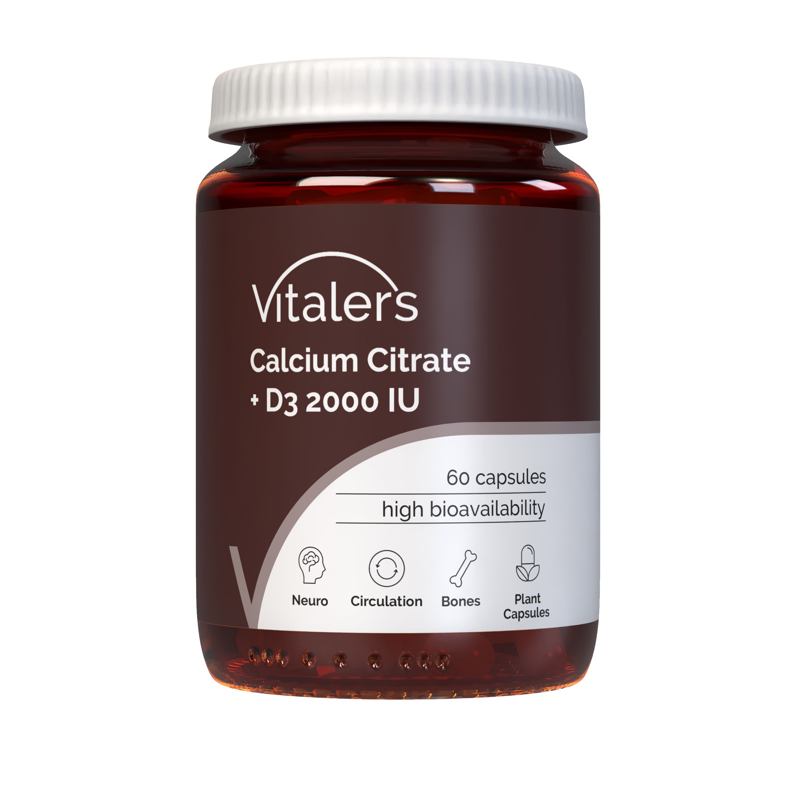 Braune Flasche mit weißem Deckel. Aufschrift: Vitaler's Calcium Citrate + D3 2000 IE. 60 Kapseln. Symbole für Neuro, Kreislauf, Knochen, Kapseln.