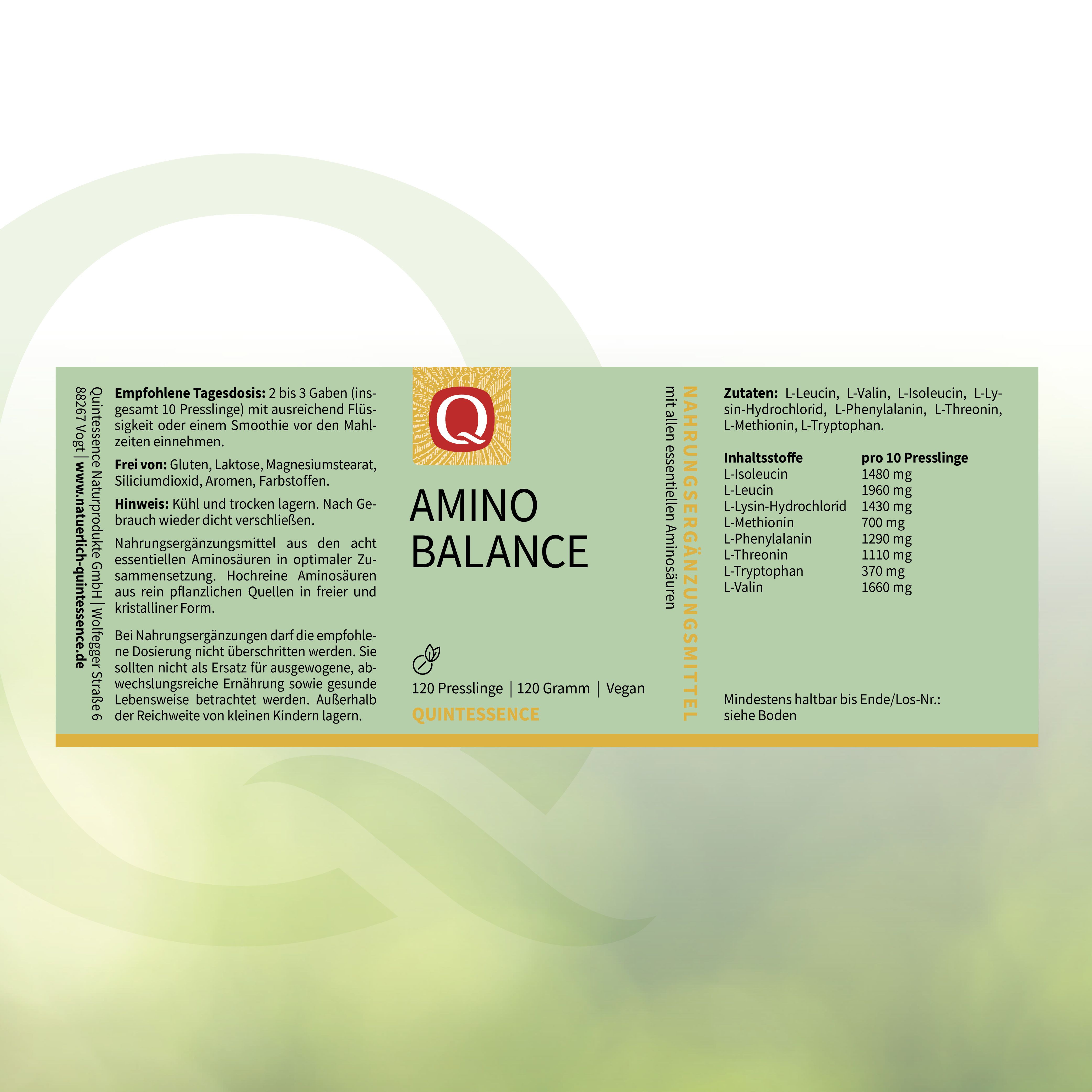 Etikett mit "Amino Balance" und "Quintessence". Enthält Informationen zu Inhaltsstoffen.