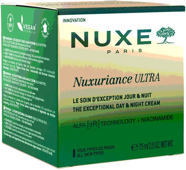 Creme-Tiegel mit goldenem Deckel. NUXE-Logo und Produktbezeichnung. Grün-goldene Farbverlauf. Text.