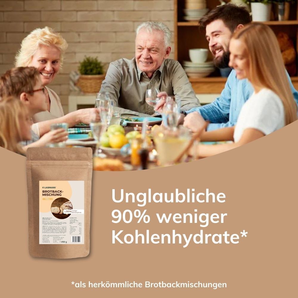 Familie am Tisch, Laibmann's Brotbackmischung. Text: Unglaubliche 90% weniger Kohlenhydrate. Braune Hintergrundfarbe.