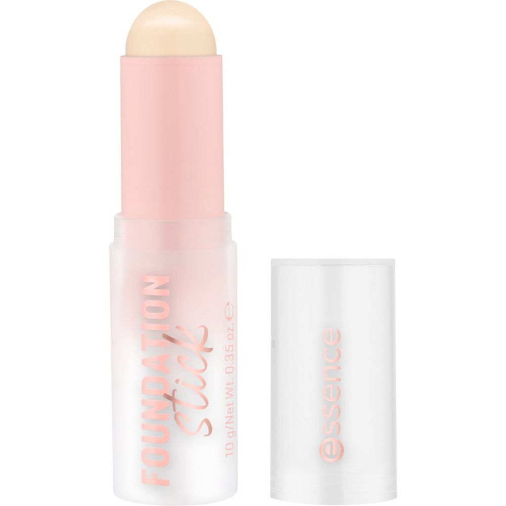 Foundation Stick. Rosa-weiße Verpackung. Der Stick ist geöffnet, die Spitze ist hellbeige. Der Deckel liegt daneben.