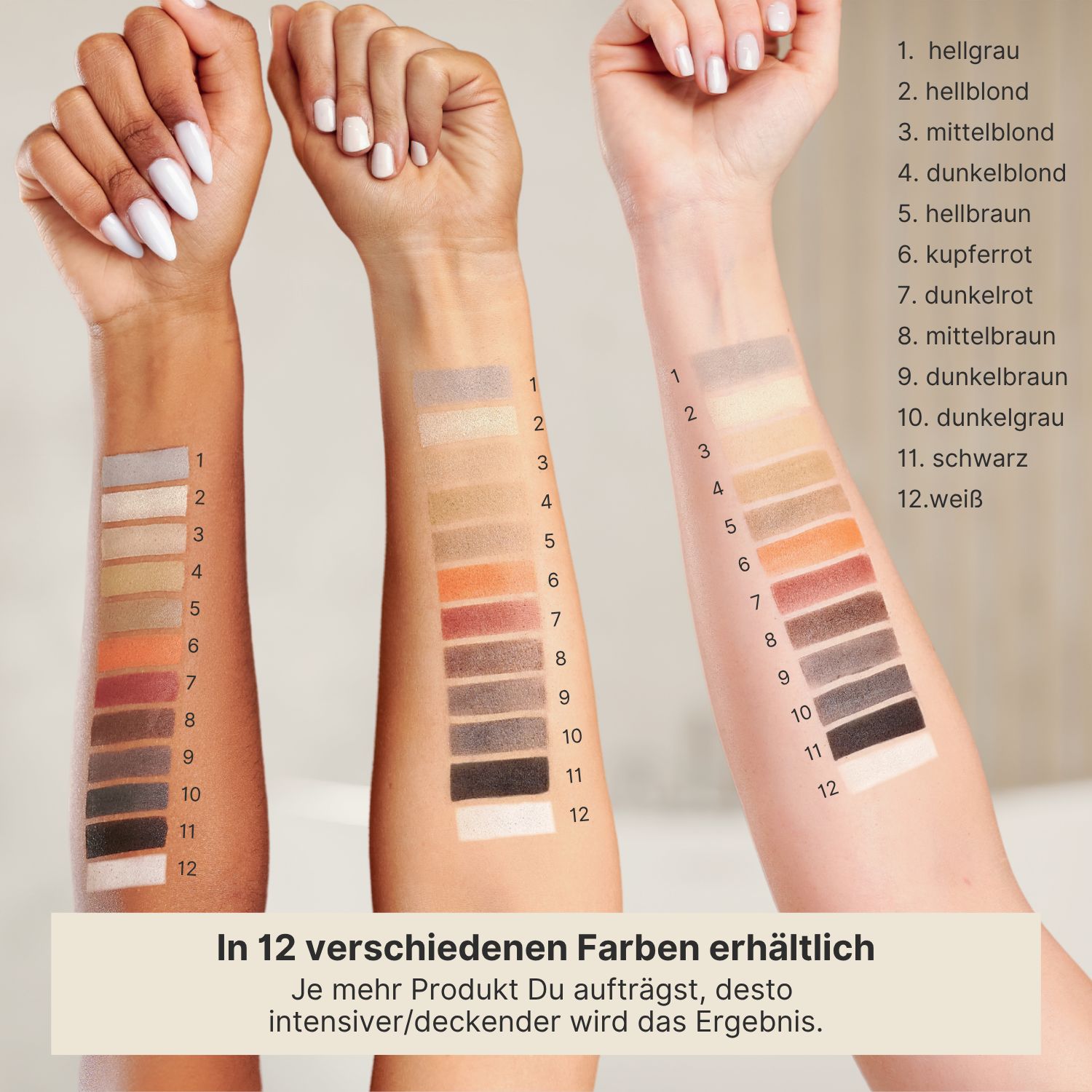 Arme mit Farbmustern. 12 Farbtöne. Text: In 12 verschiedenen Farben erhältlich. Je mehr Produkt, desto intensiver/deckender das Ergebnis.