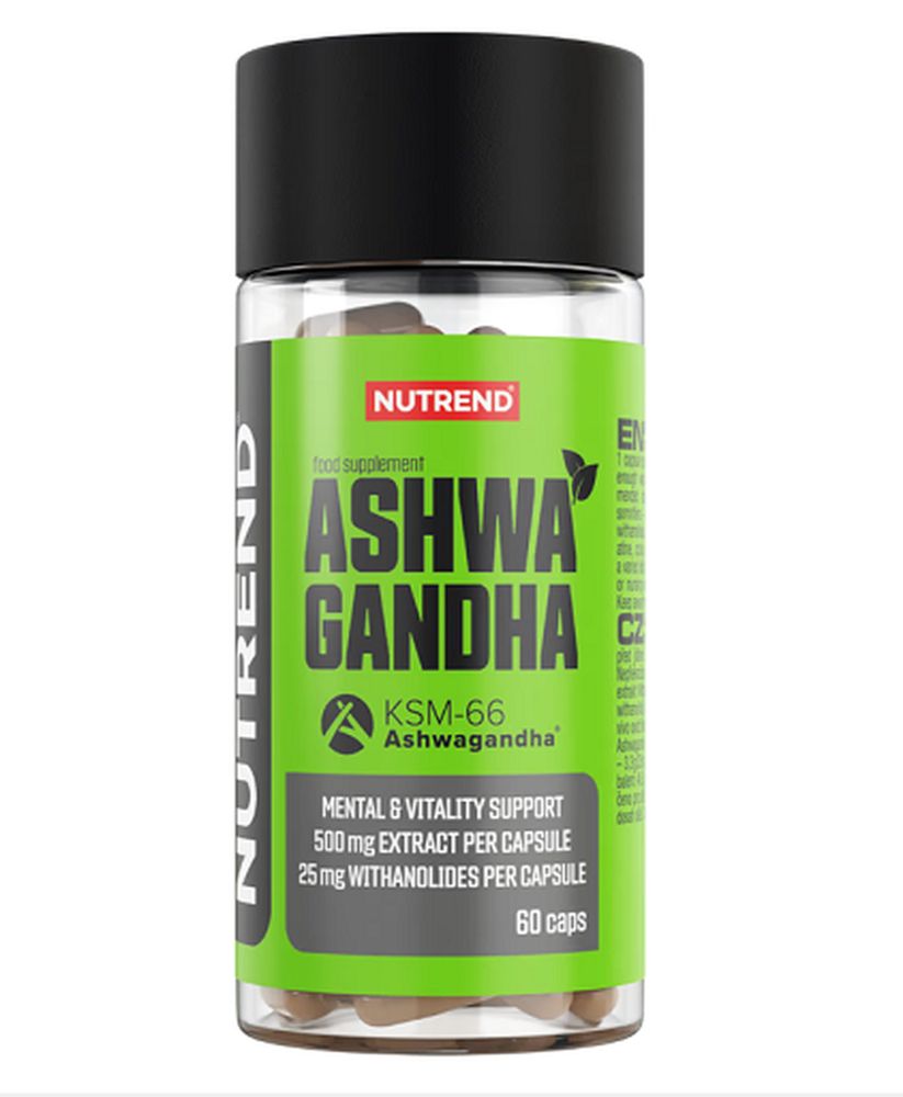 Eine grüne Flasche mit schwarzem Deckel. Aufschrift: NUTREND, ASHWAGANDHA, KSM-66. Enthält 60 Kapseln. Angaben zu Inhaltsstoffen und Wirkung.