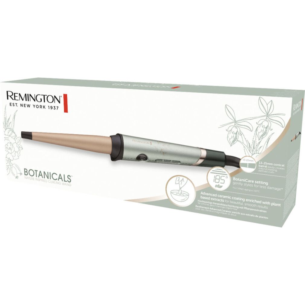Verpackung des Lockenstabs. Remington-Logo, Botanicals-Schriftzug. Produkt in geöffneter Verpackung.