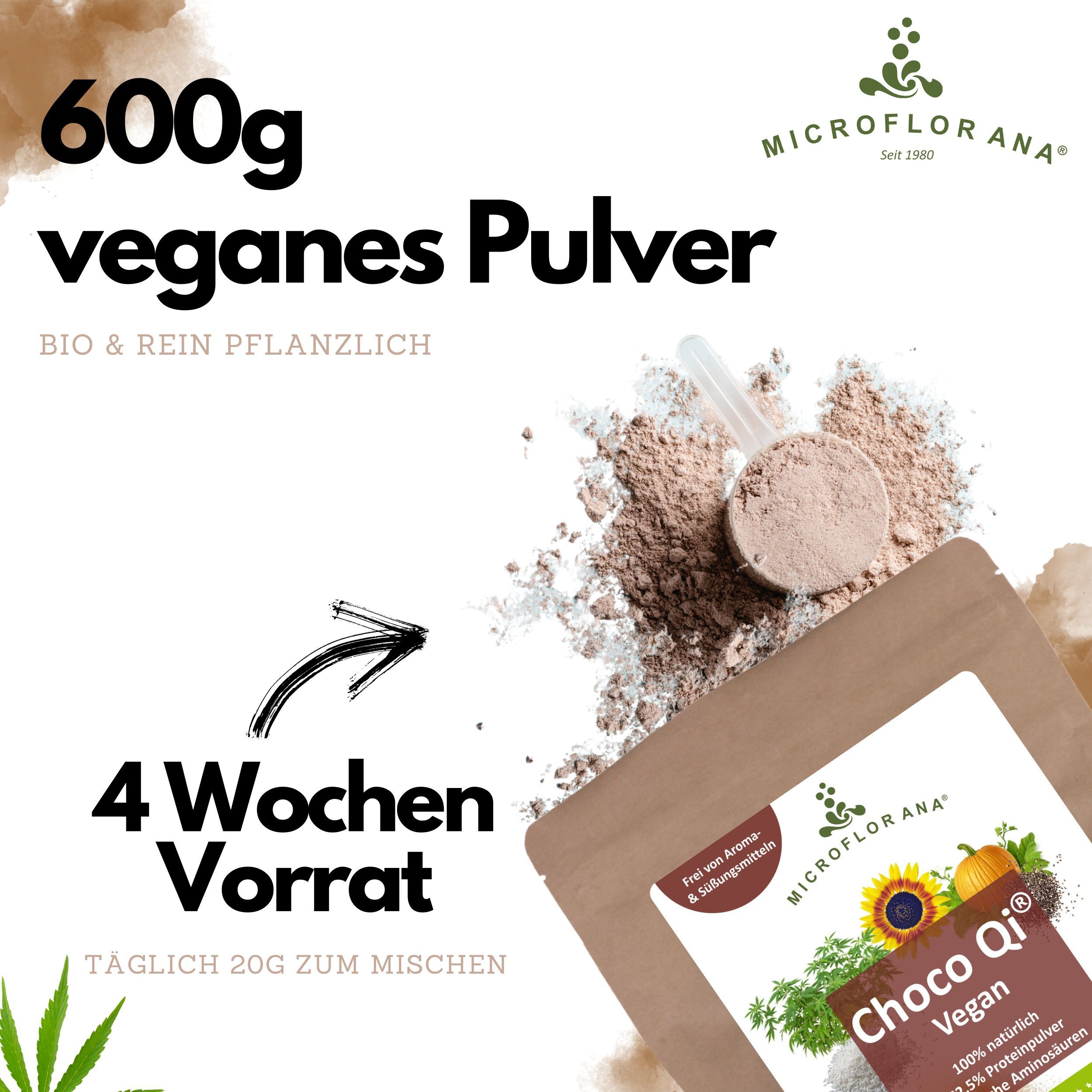 MICROFLORANA® - Bio Proteinpulver vegan - Inkl. Dosierhilfe - 30 mal Eiweiss-Shake - Choco Qi®