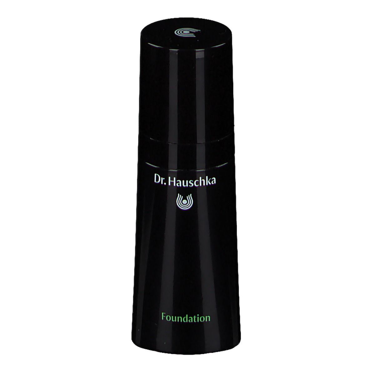 Schwarze Foundation-Flasche mit Dr. Hauschka-Logo und Schriftzug Foundation. Zylindrische Form mit abgerundeter Basis.