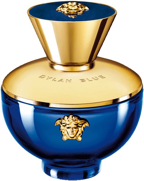Blauer Parfumflakon mit goldenen Akzenten. Medusa-Logo. Aufschrift: Dylan Blue.