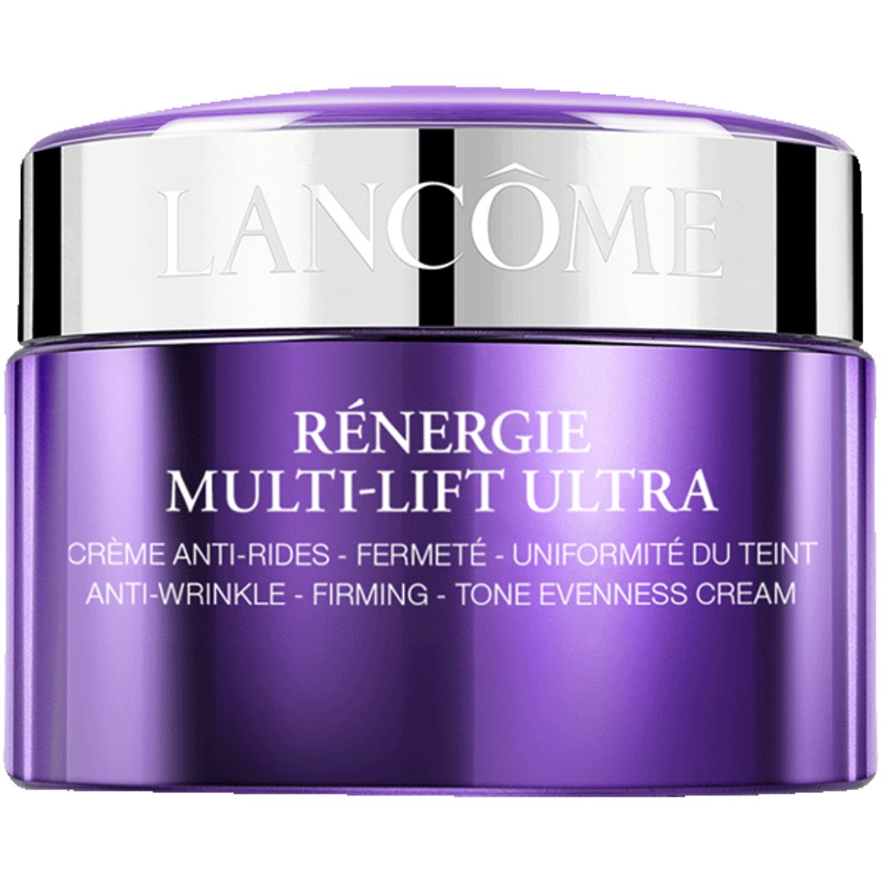 Violettes Tiegel mit silbernem Deckel. Aufschrift: Rénergie Multi-Lift Ultra. Text: Crème Anti-Rides, Fermeté, Uniformité du Teint.
