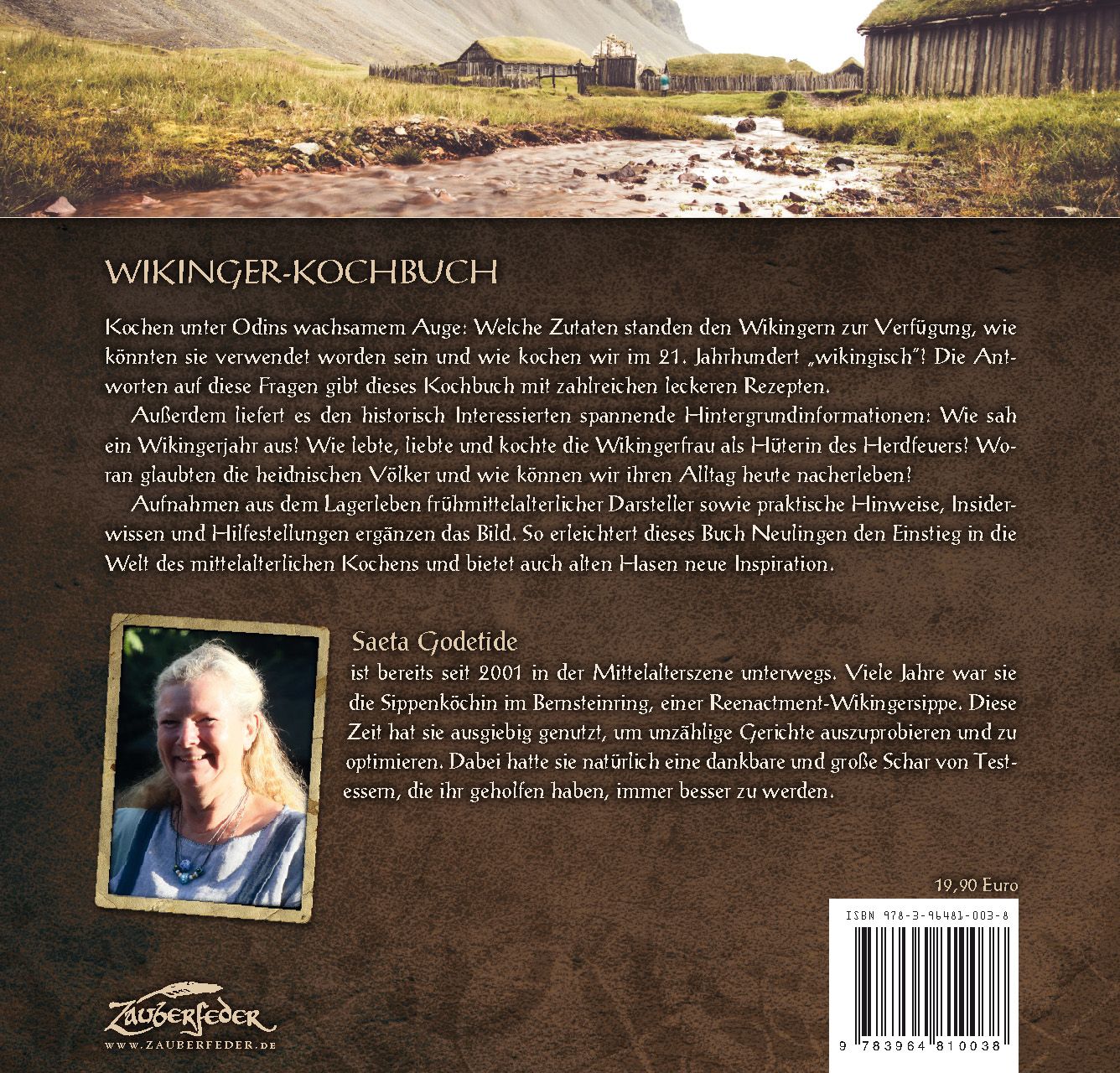Rückseite des Buches "Wikinger-Kochbuch". Text und Foto der Autorin Saeta Godetide. ISBN-Code und Preis.