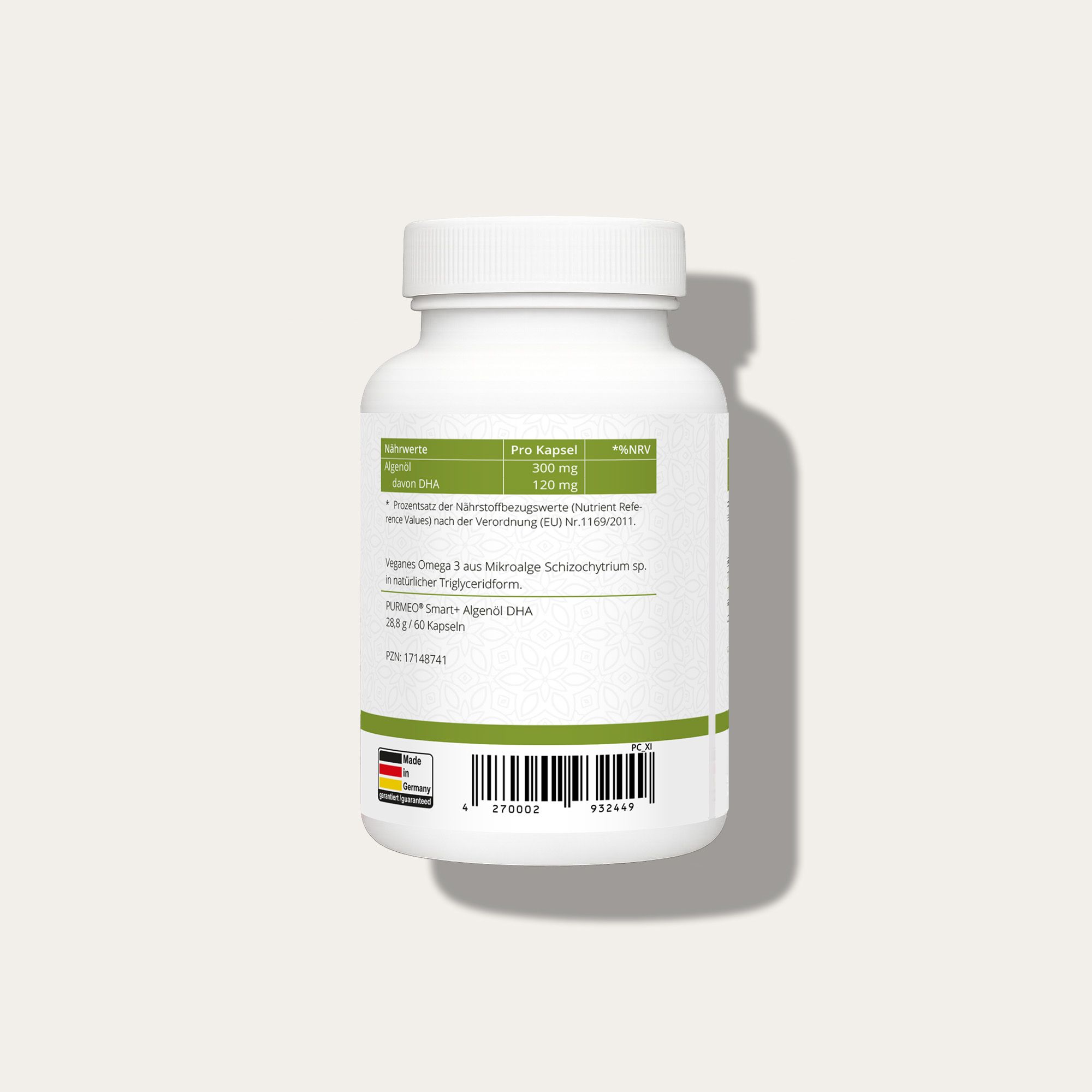 Weiße Flasche mit Etikett. Text: Algenöl DHA, 300 mg, 120 mg DHA. Made in Germany. Barcode.