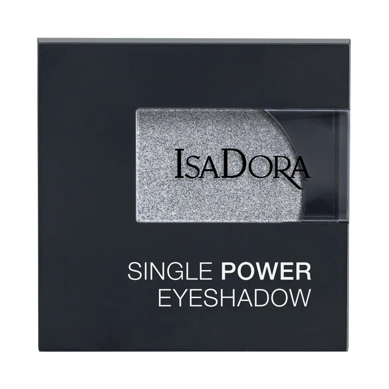 IsaDora Single Power Lidschatten. Schwarze quadratische Verpackung mit silbernem Lidschatten. Markennamen und Produktbezeichnung auf dem Deckel.