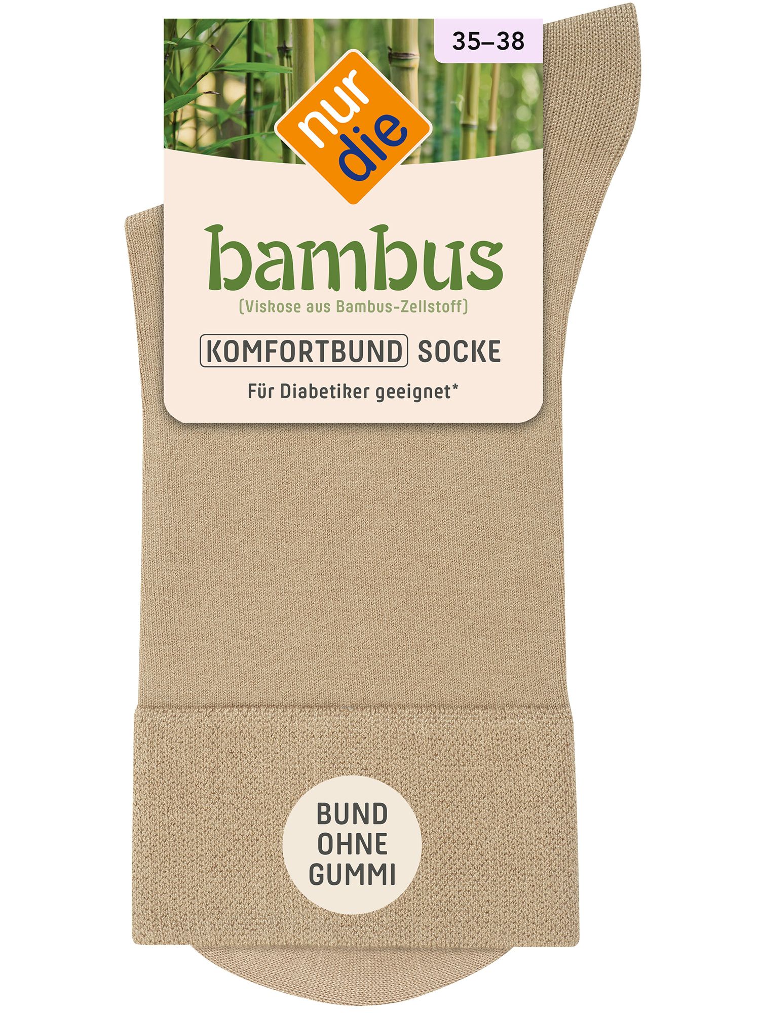 Beige Socke mit Komfortbund. Auf der Verpackung: "nur die", "bambus", "BUND OHNE GUMMI". Für Diabetiker geeignet.