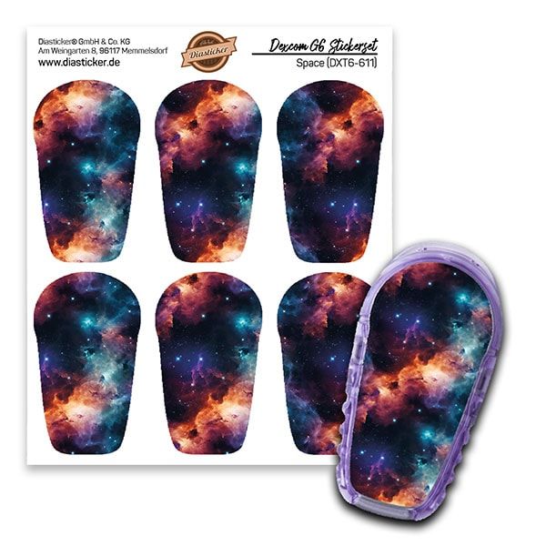 Aufkleber-Set mit Weltraum-Design für ein medizinisches Gerät. Sechs Aufkleber und ein Gerät mit Weltraum-Design.