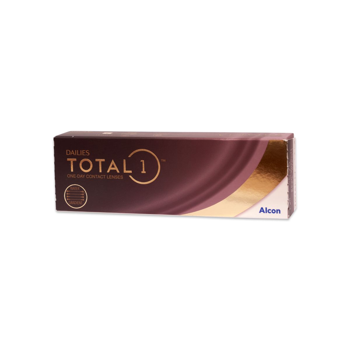Kontaktlinsen-Verpackung. Aufschrift: Dailies Total 1. Hersteller: Alcon. Farbverlauf in Braun- und Goldtönen.
