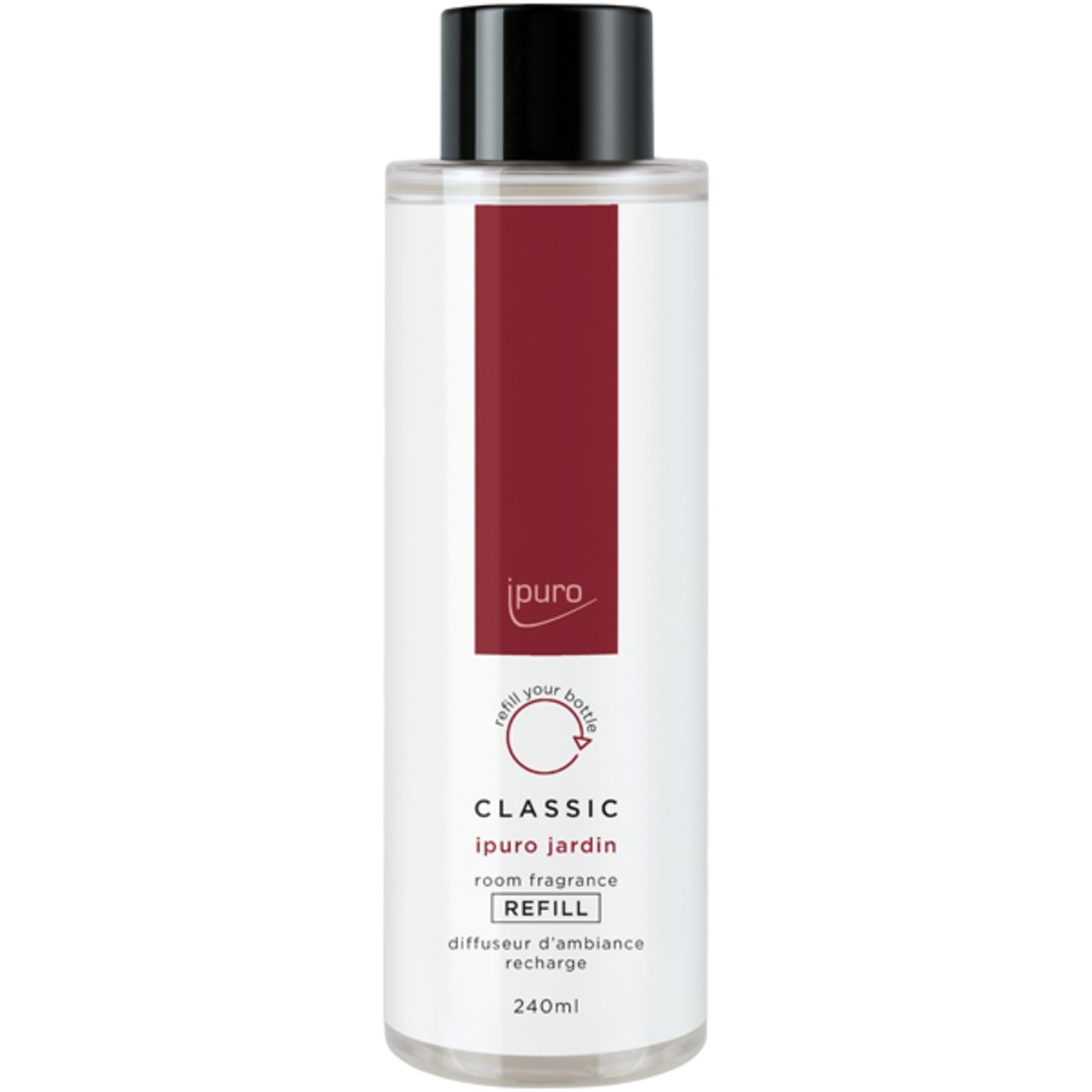 Nachfüllflasche Ipuro Classic Jardin. Weißes Etikett mit rotem Streifen, schwarzem Deckel. Text: Refill, 240ml.