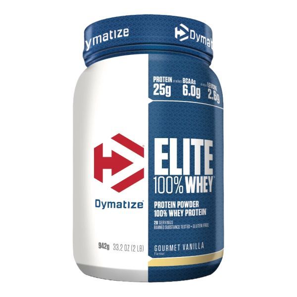 Dymatize Elite 100% Whey, 942g Dose. Blaue und weiße Verpackung. Enthält 25g Protein, 6.0g BCAAs. Gourmet Vanilla.