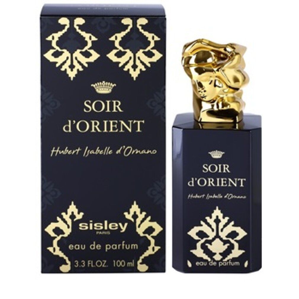 Flakon und Verpackung. Schwarzer Flakon mit goldfarbenem Kopf. Verpackung mit Aufschrift Soir d'Orient. Marke Sisley Paris.
