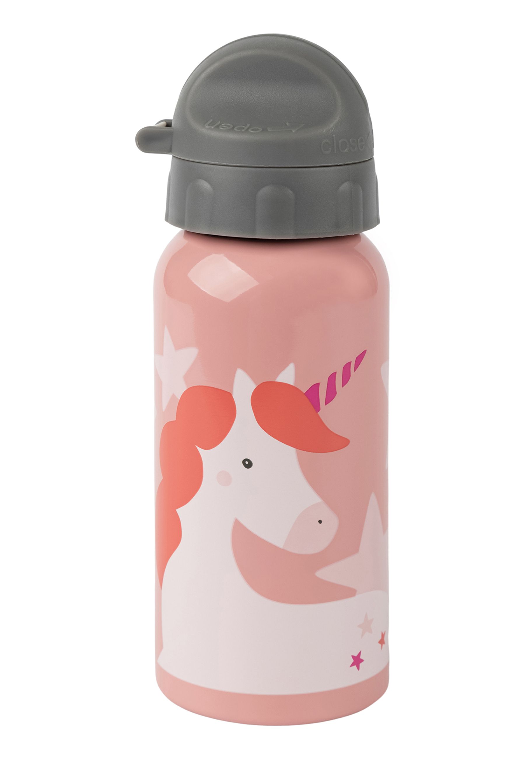 Rosa Trinkflasche mit Einhorn-Motiv und Sternen. Grauer Deckel mit Trinköffnung. Edelstahl-Trinkflasche.