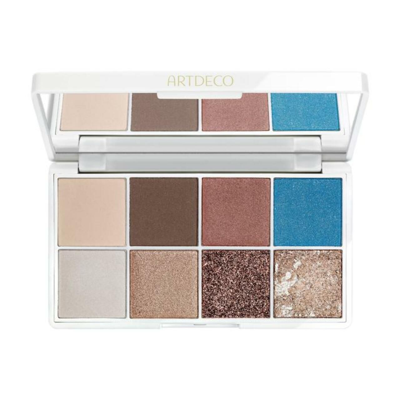 Artdeco Eyelights Palette. Weiße Palette mit Spiegel und acht Lidschattenfarben. Farben: Beige, Braun, Rosa, Blau, Glitzer.