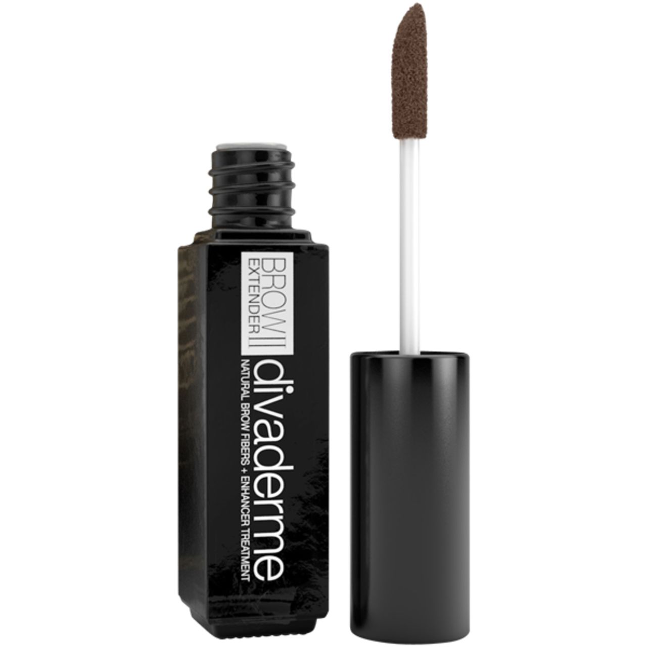 Schwarze Flasche mit Browextender II von Divaderme. Der Applikator ist herausgezogen. Braune Fasern am Applikator.