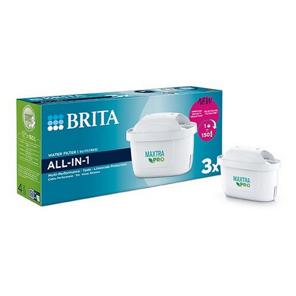 Verpackung mit Brita Wasserfilter ALL-IN-1 und zwei Filtern. Aufschrift MAXTRA PRO. 3 Filter.