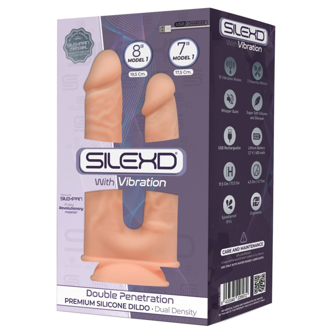 Verpackung mit Doppel-Naturvibrator. Produktname: SILEXD. Text: Double Penetration. Illustrationen des Produkts. Vibrationsmodi.