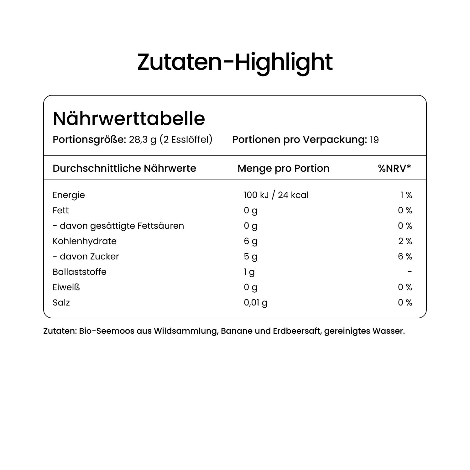 Nährwerttabelle. Angaben zu Energie, Fett, Kohlenhydraten, Zucker, Ballaststoffen, Eiweiß, Salz.
