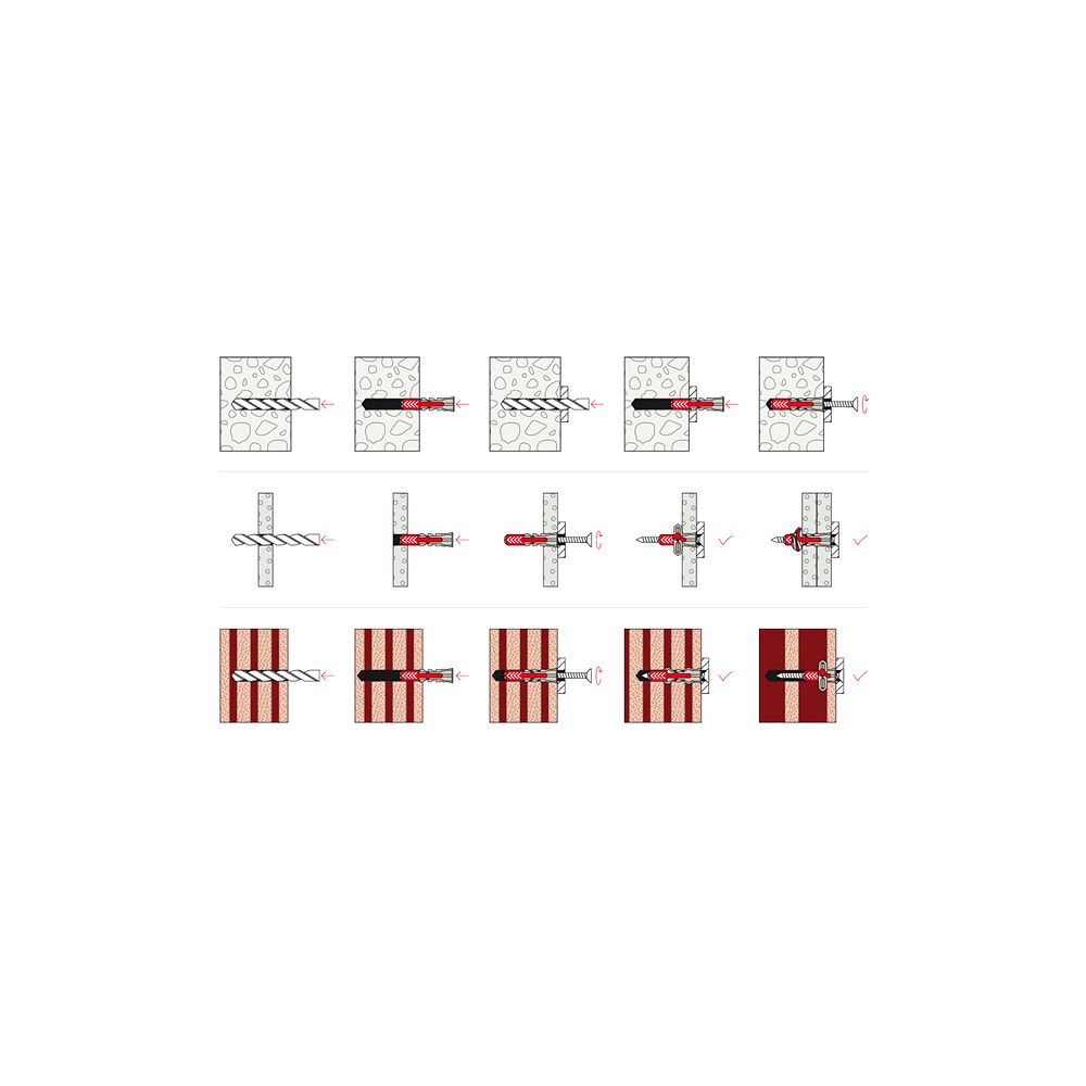 Illustration der Montage von Schwerlastdübeln in verschiedenen Materialien.