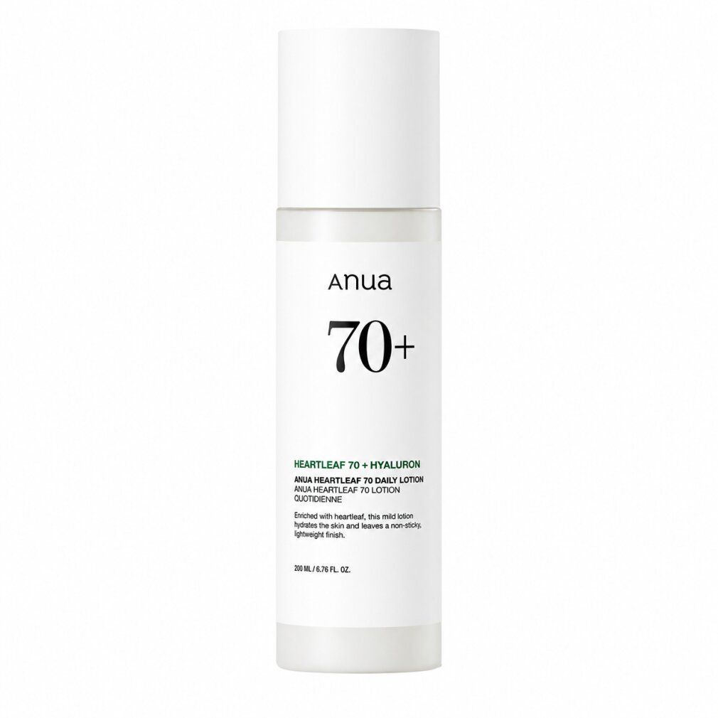 ANUA Heartleaf 70+ Hyaluron Lotion Flasche mit detaillierter Produktbeschreibung und 200ml Angabe.
