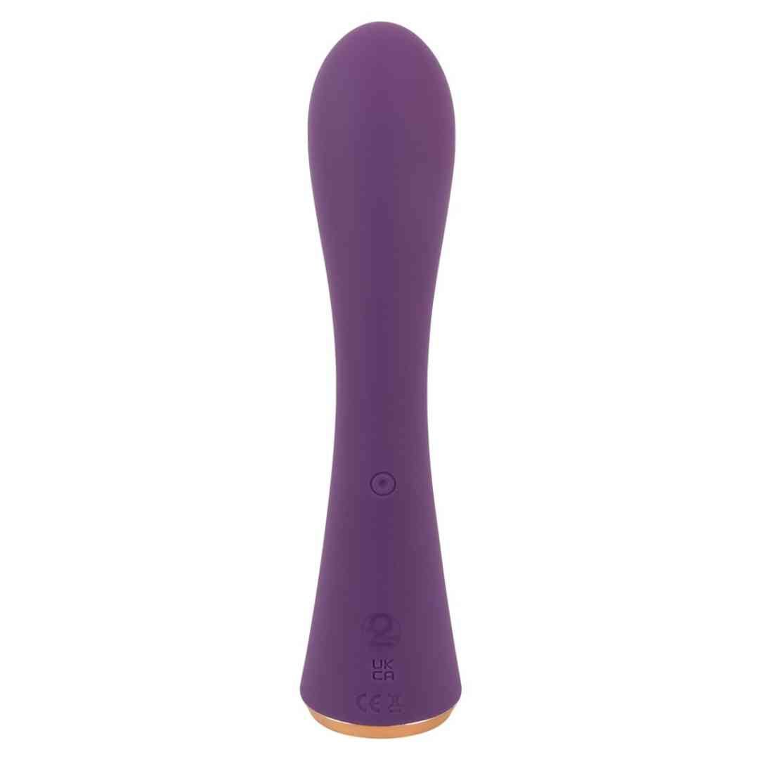 Lila Vibrator mit goldfarbenem Sockel. Zwei Knöpfe und Zertifizierungszeichen. Glatte Oberfläche.
