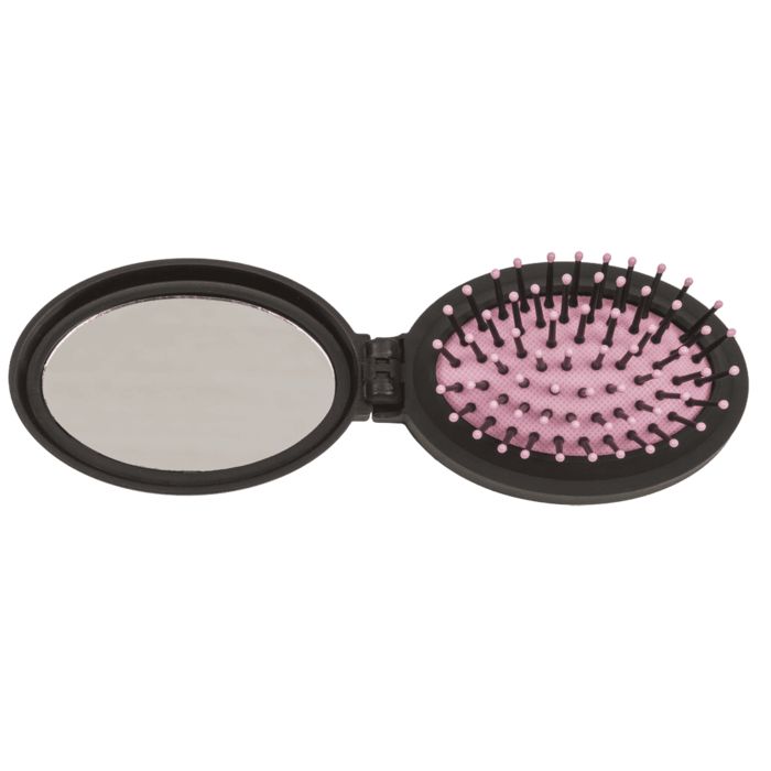 Schwarzer, ovaler Taschenspiegel mit Haarbürste. Spiegel und Bürste sind aufgeklappt. Bürste mit rosa Borsten.