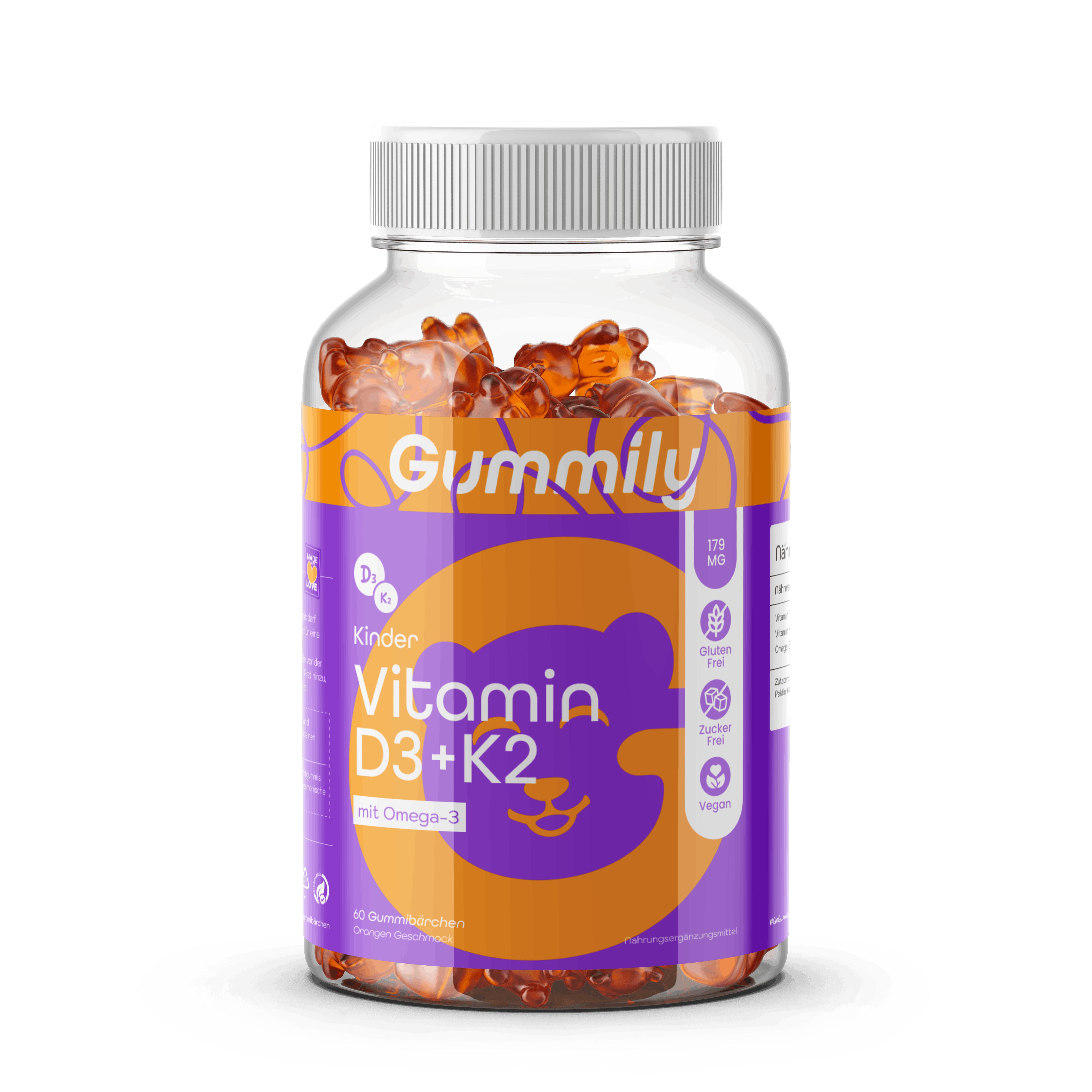 Glasflasche mit Gummibärchen. Aufkleber mit Produktinformationen: Vitamin D3+K2, Gummily. Deckel weiß.